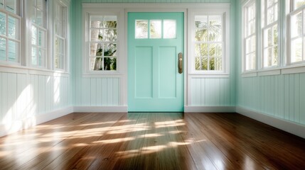 Fototapeta premium A peaceful interior showcasing a mint green door surrounded by large windows, inviting natural light, emphasizing tranquility and freshness in a stylish home environment.