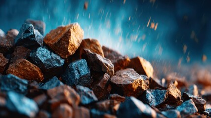 An abstract collection of colorful rocks shines vibrantly in natural light, creating an artistic display that highlights the beauty and diversity found in natural minerals and textures.