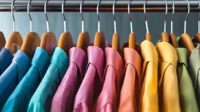 Row of colorful jackets on wooden hangers, vibrant rainbow colors against teal closet wall, neatly.!