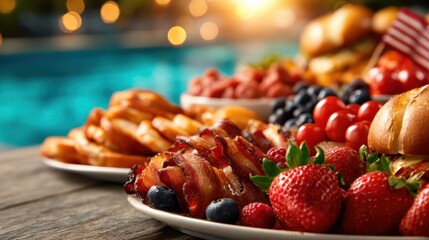 An appetizing display of various foods like burgers, strawberries, and bacon awaits by the serene poolside, evoking feelings of summer indulgence, joy, and culinary delight.