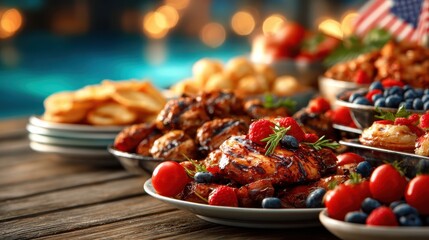 An enticing display of grilled meats and vibrant berries, set up for a festive occasion, illustrating enjoyment, culinary delight, and the celebration of good food with loved ones.