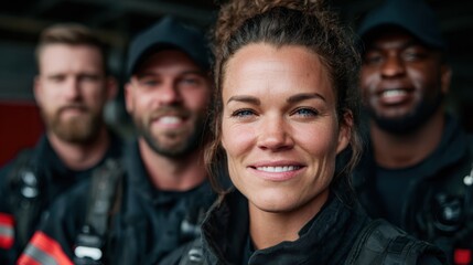 A smiling woman stands confidently in front of a group of firefighters, showcasing teamwork and camaraderie in a professional emergency services setting.