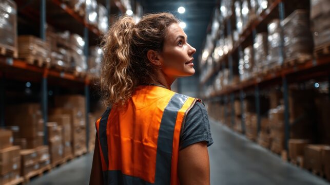 A determined young woman wearing a safety vest stands in a warehouse aisle, portraying dedication, diligence, and professionalism in her work environment surrounded by pallets. - Powered by Adobe