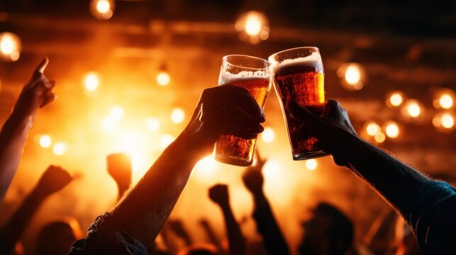 A vibrant celebration atmosphere with hands clinking beer glasses, symbolizing joy, camaraderie, and good times shared among friends in a warm lighting setting.