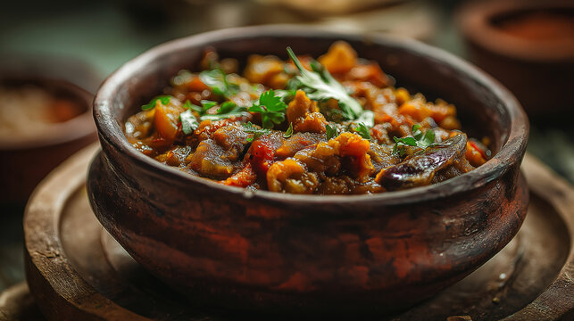 Smoky baingan bharta cooked into a rustic chunky gravy, roasted eggplant aroma, coriander garnish, earthy tones