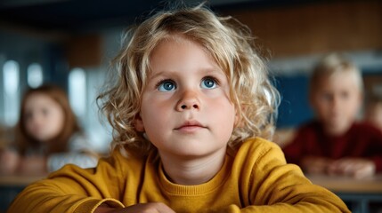 An adorable child peering thoughtfully with wide eyes in a classroom setting, capturing the essence of curiosity and eagerness to learn alongside other students.