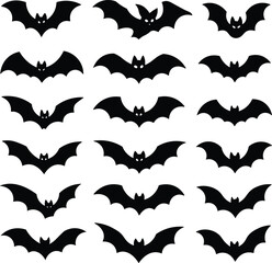 Black bat silhouettes arranged in a repeating pattern. Flying bats form a bold Halloween background on white. Perfect for spooky designs, prints, and seasonal decorations.
