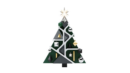 Geometric Christmas tree with unique ornaments and a shining star