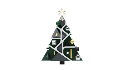 Geometric Christmas tree with unique ornaments and a shining star