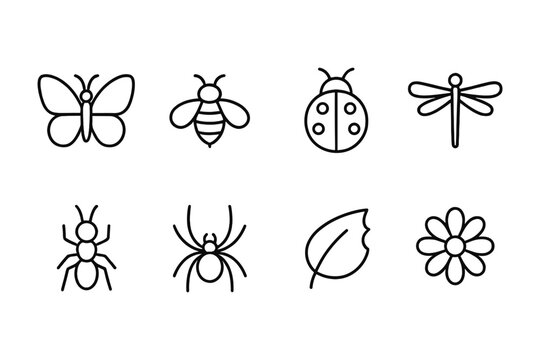 Simple outline icons of insects and nature elements