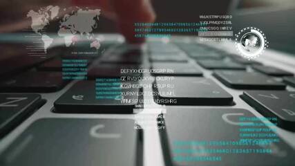 Time lapse of man working on laptop computer keyboard with graphic user interface GUI hologram showing big data science technology, digital network connection and computer programming algorithm. Glean - Powered by Adobe