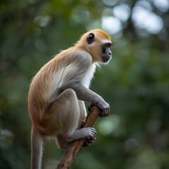 Fototapeta premium Wild monkey sitting on a tree branch in a natural forest environment with soft green background, captured in a calm and realistic wildlife moment.