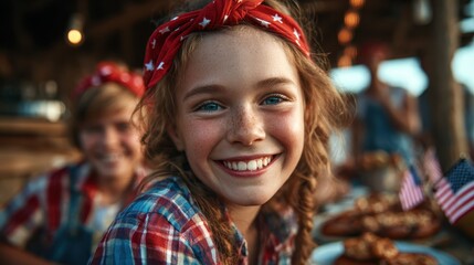 Fototapeta premium A cheerful girl with freckles smiles brightly in a festive setting, capturing the essence of friendship and summer joy with American flags adorning the scene.