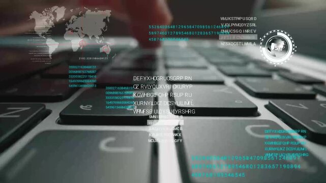 Time lapse of man working on laptop computer keyboard with graphic user interface GUI hologram showing big data science technology, digital network connection and computer programming algorithm. Glean