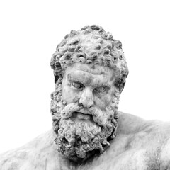 Head of the Farnese Hercules ancient Roman sculpture, black and white antique statue