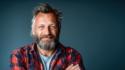 Fototapeta premium A bearded man with gray hair smiles confidently while crossing his arms, posing against a dark background, showcasing wisdom and experience paired with a stylish demeanor.