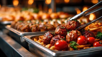 A tempting array of meatballs and snacks is beautifully arranged on a buffet table, inviting guests to indulge in a delightful culinary experience at gatherings.