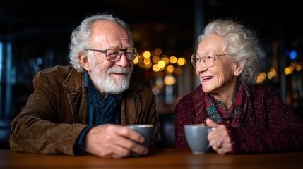 A joyful elderly couple sits together at a table, sharing warm smiles and enjoying their coffee in a cozy atmosphere filled with love and companionship.