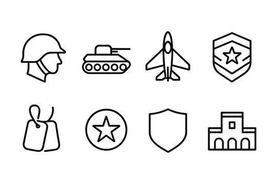 Military line icons set: helmet, tank, jet, badges, and tags