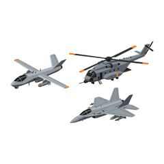 Military aircraft trio including jet fighters and helicopter.