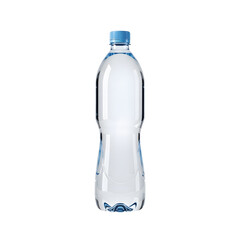 Clear plastic water bottle with a closed blue cap filled with fresh pure water, standing upright, its pristine surface glistening with light, prepared for hydration and refreshment