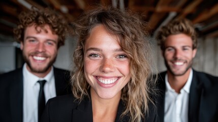 A diverse group of young adults in business attire shares joyful smiles, promoting teamwork and collaboration in a modern office environment, demonstrating unity and professionalism.
