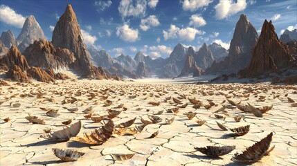 Cracked desert landscape with dry earth and mountain range under a cloudy sky