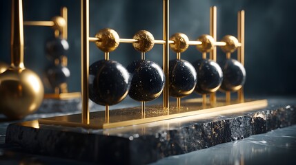 Elegant brass abacus with polished dark beads on a textured stone base, a symbol of calculation and ancient wisdom
