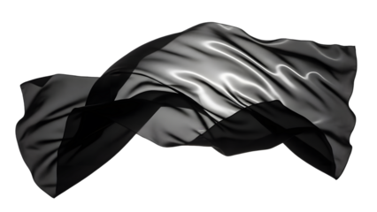 Black silk cloth elegantly floating against a white background.