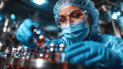 A focused laboratory technician meticulously organizes vaccine bottles in a high-tech facility, showcasing precision and dedication in the field of medical research and healthcare.