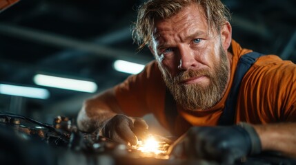 A skilled mechanic is intensely focused on repairing an engine in a garage, with sparks flying and tools at hand, symbolizing hard work and technical expertise.
