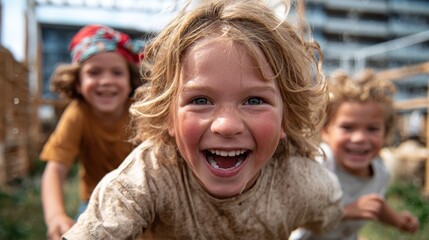 Obraz premium A group of playful children with big smiles, joyfully running outdoors, capturing the essence of innocence, freedom, and the joy of childhood in a vibrant setting.