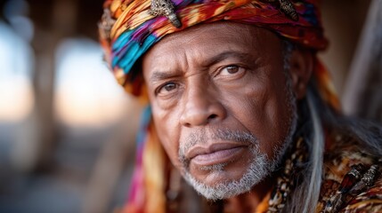 Fototapeta premium An elderly man with a thoughtful expression wears colorful cultural attire, embodying wisdom and strength while showcasing a deep connection to heritage and tradition.