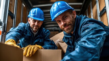 Dedicated workers engaged in packing boxes inside a delivery truck. The image highlights teamwork and diligence in logistics and the importance of hard work.