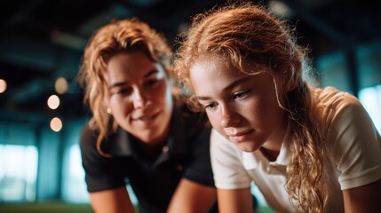A coach guides a young girl focused on learning golf techniques, capturing both the determination of youth and the supportive role of mentorship in sports activities.
