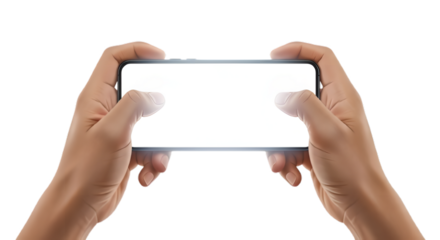 Hands holding blank smartphone screen isolated on transparent background