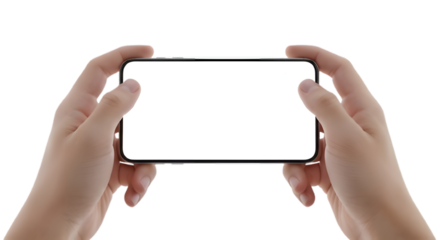 Hands holding a blank smartphone screen device isolated on transparent background