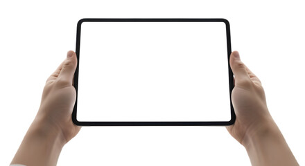 Hands holding blank digital tablet device screen isolated on transparent background
