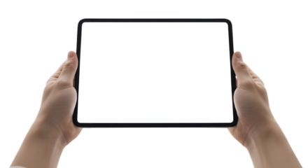 Hands holding blank digital tablet device screen isolated on transparent background