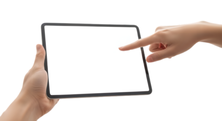 Hand holding a blank digital tablet device for interaction isolated on transparent background