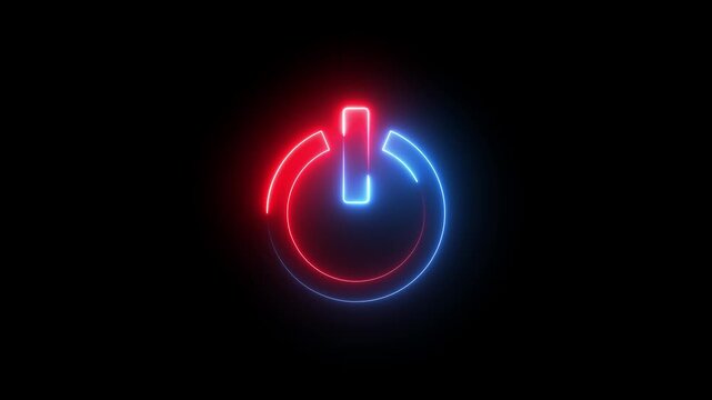 Neon red blue color power button sign icon animation switch startup neon screen turn on off button computer and mobile phone technology closed shutdown icon with black background