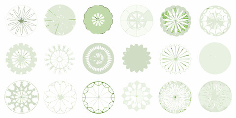 Collection of detailed green circular patterns and designs on a white background