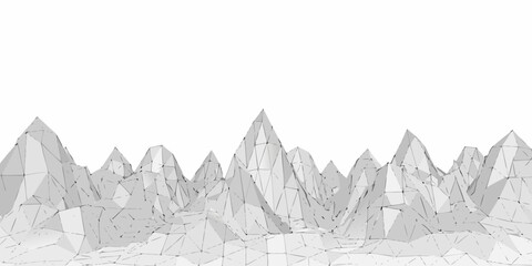 A minimalist landscape of polygonal mountains rendered in a grayscale aesthetic © Tarun