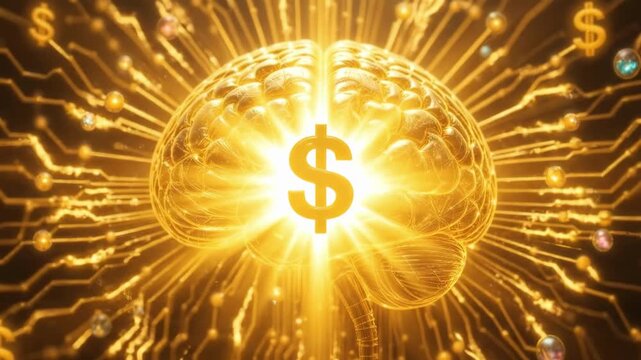 Millionaire mindset concept, golden glowing brain generating wealth and ideas, artificial intelligence circuit board background