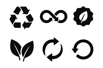 Eco symbols set: recycling, infinite sustainability, and nature icons in silhouette