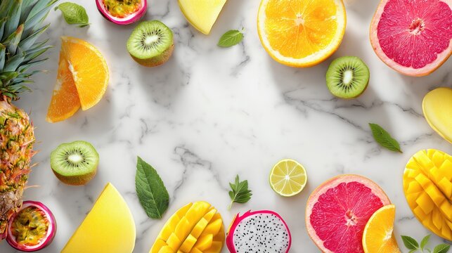 Highlighting healthy eating with a vibrant circular summer fruit platter featuring fresh tropical produce arranged on marble. - Powered by Adobe