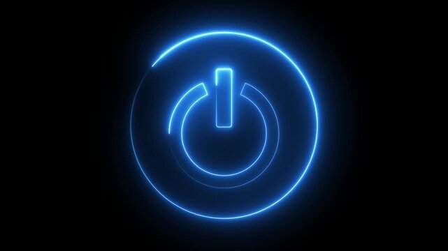 Neon blue color power button sign icon animation switch startup neon screen turn on off button computer and mobile phone technology closed shutdown icon with black background