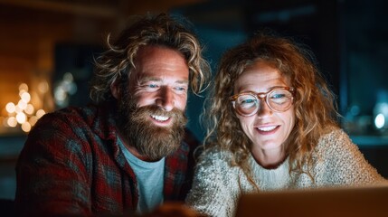 A joyful couple engaged in a light-hearted moment while using a laptop, highlighting the warmth of companionship and sharing experiences through technology.