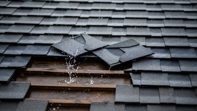 Damaged roof shingles show water damage after storm home repair insurance claim needed