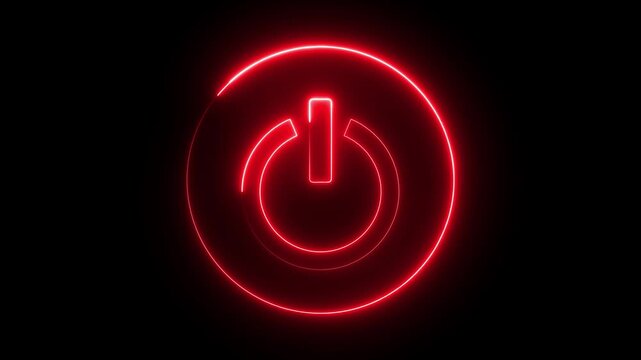 Neon red color power button sign icon animation switch startup neon screen turn on off button computer and mobile phone technology closed shutdown icon with black background